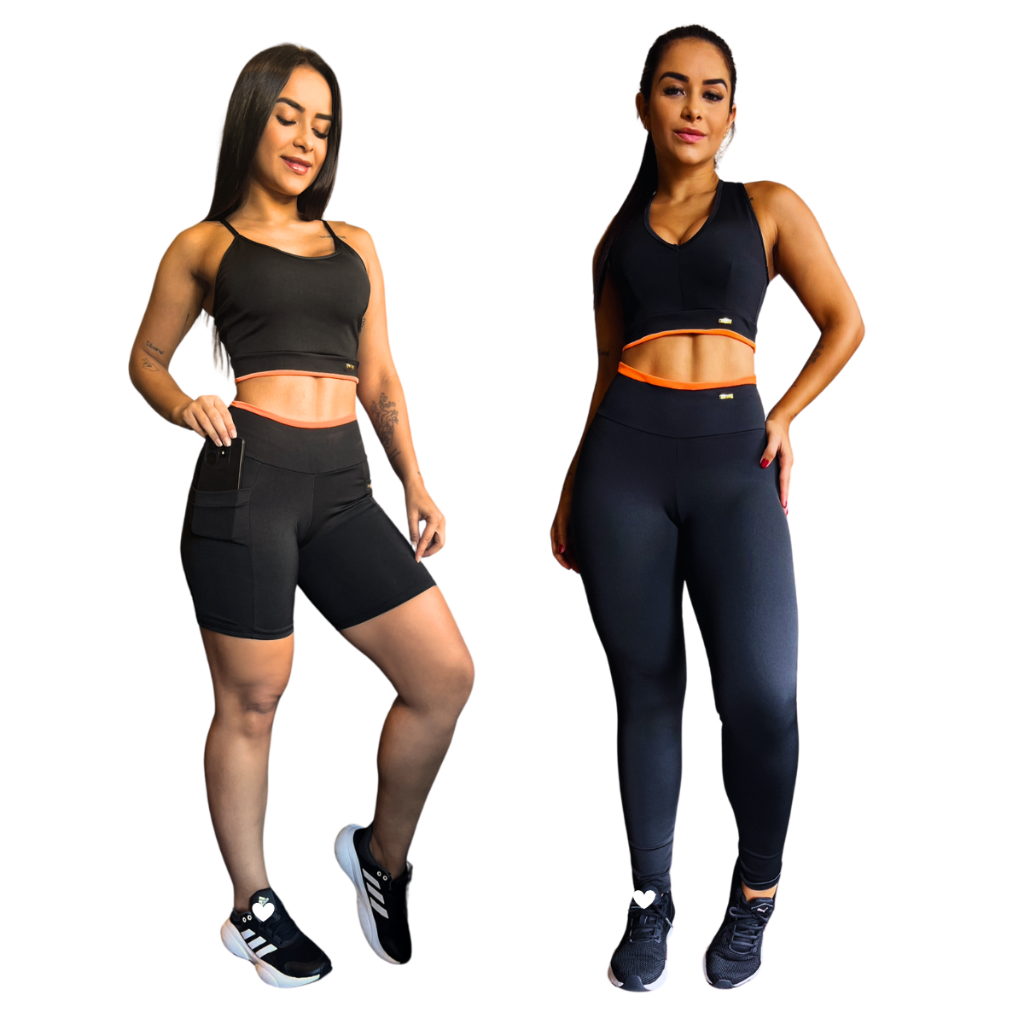 Kit 1 Calça Legging + 1 Top Nadador +1 Short com Bolso + 1 Top Alça ...