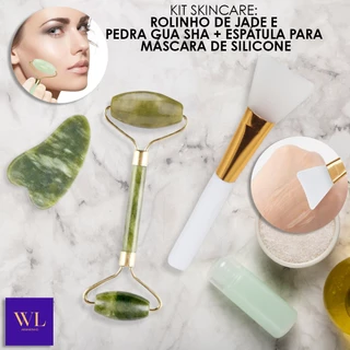 Kit 3 em 1- Rolo de Jade + Pedra Gua Sha + Espátula de Silicone Para Aplicar Máscaras e Cremes - WL em Oferta na Shopee