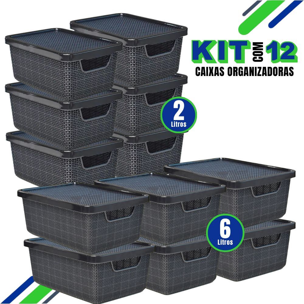 Kit 12 Caixas Organizadoras Jutta Preto 2 e 6 Litros Cesto Organizador ...