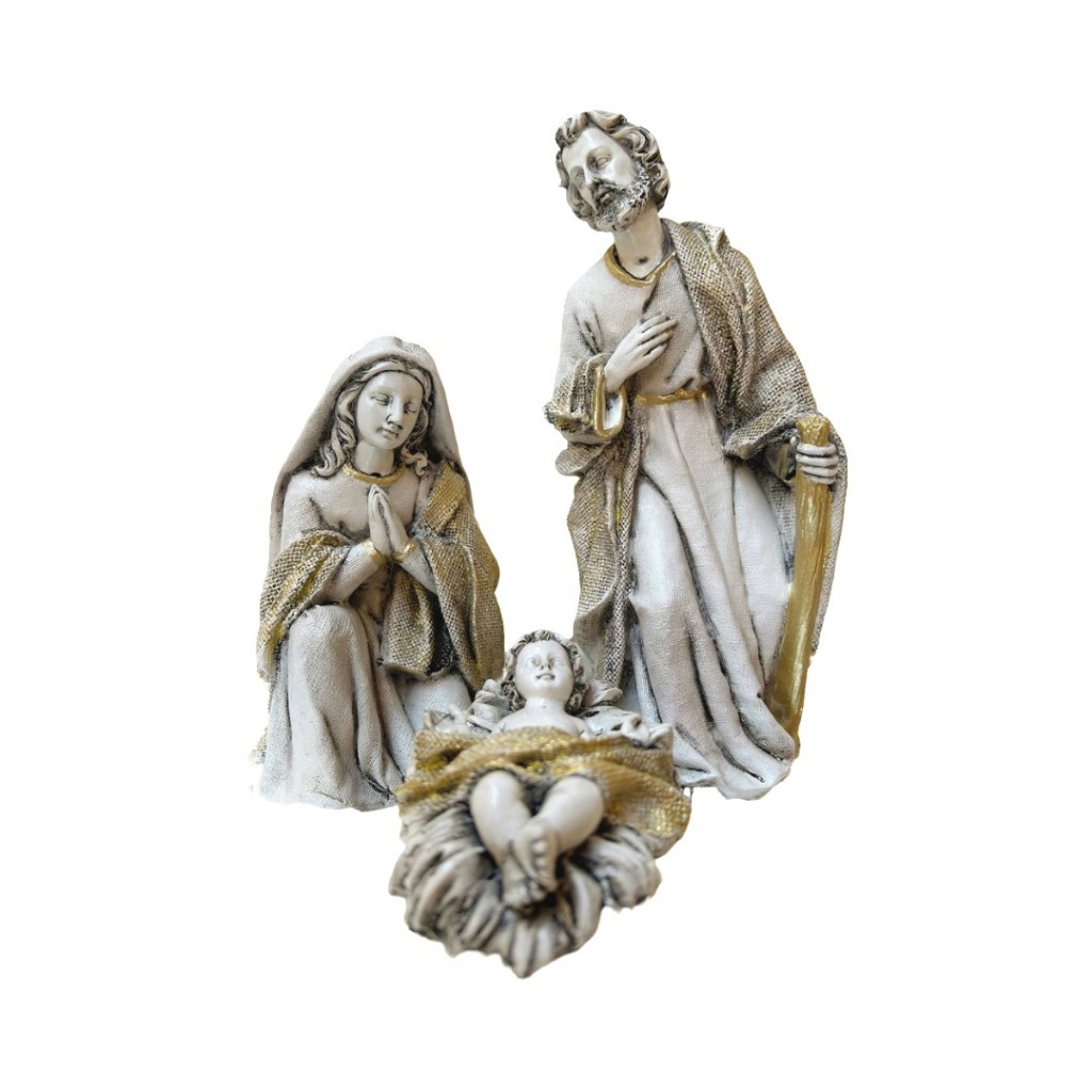 Sagrada Família Presépio em Gesso de 3 peças Efeito Marmorizado e Dourado / Colorido / Perolado em Gesso para Decoração