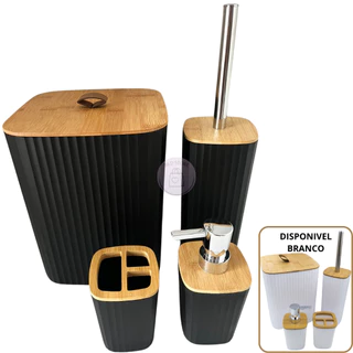 Kit Banheiro 4 Peças Tampa Bambu Lixeira Banheiro 5 litros Escova Sanitária Porta Escova Plástico