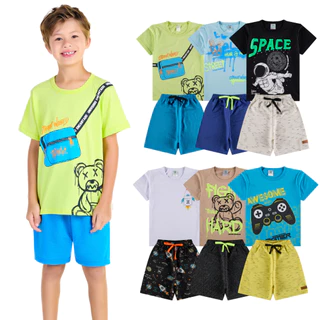 Kit Sortido 6 Peças de Roupas Infantil Menino 3 Camisetas + 3 Bermudas - Kit com 3 Conjuntos de Roupa Infantil Menino Verão Menino Juvenil