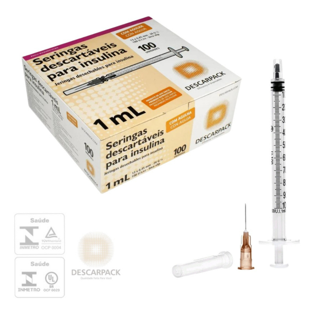 Seringa Insulina 1ml com Agulha 13x0,45mm 26g Descarpack C/100 Unidades