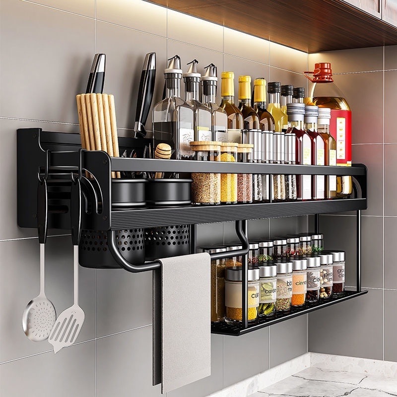 60 cm Prateleira Organizadora Multiuso Alumínio Cozinha Moderna Porta Tempero e Utensílios C/4 Porta-faca e 2 copos de armazenamento + 10 ganchos