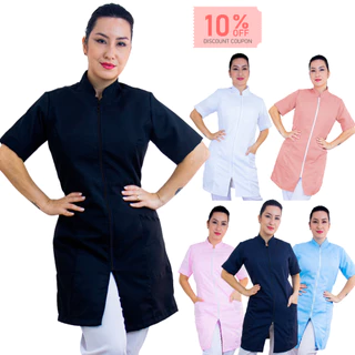 Jaleco Feminino Manga Curta Oxford Acinturado Com Zíper Gola Padre Várias Cores Profissional Dentista Salão de Beleza Esteticista Consultório Nail Designer Estudante