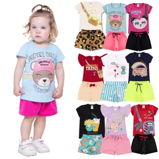 Kit Sortido 6 Peças Roupa De Bebê Menina Infantil Verão - 3 Camisetas + 3 Shorts - Tamanhos 6 Meses a 24 Meses