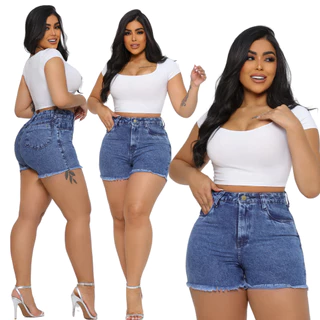Short Jeans Feminino Blogueirinha Cintura Alta Empina Bumbum sem Elastano Marmorizado