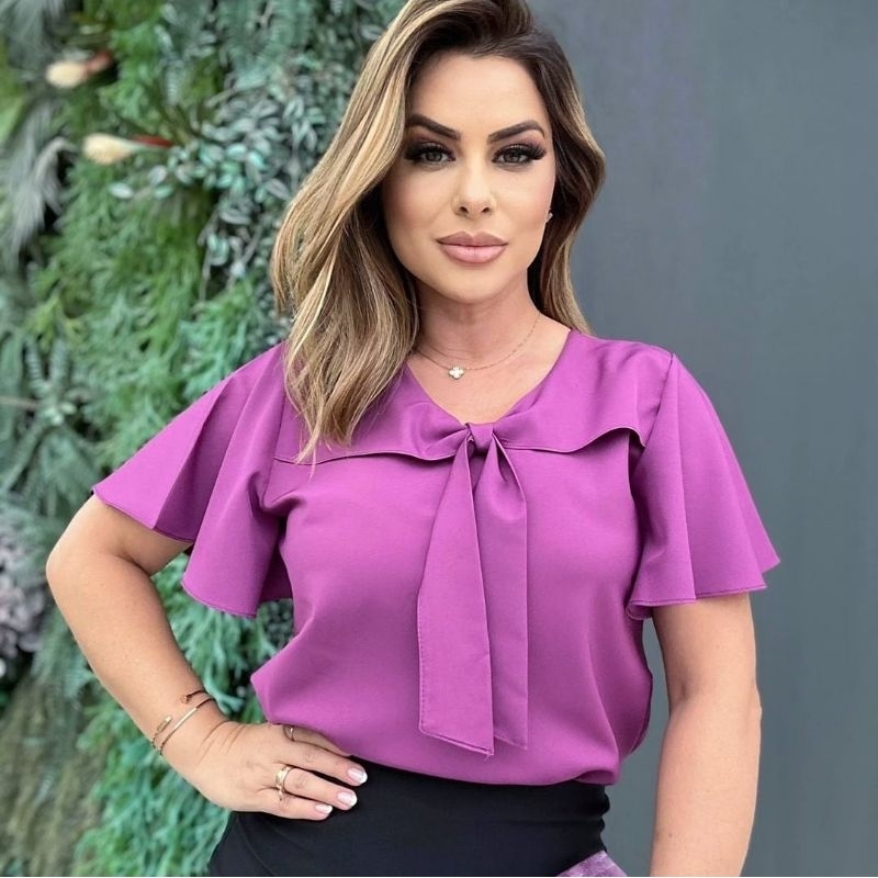 Blusa social feminina elegante, de crepe alfaiataria, com laço ...