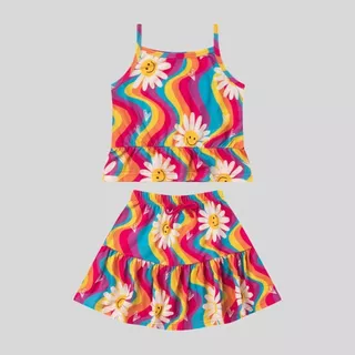 Conjunto Verão Menina Cropped Alcinha E Saia Margarida