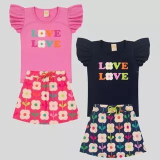 Conjunto Verão Menina Infantil Marinho Blusa e Saia Love