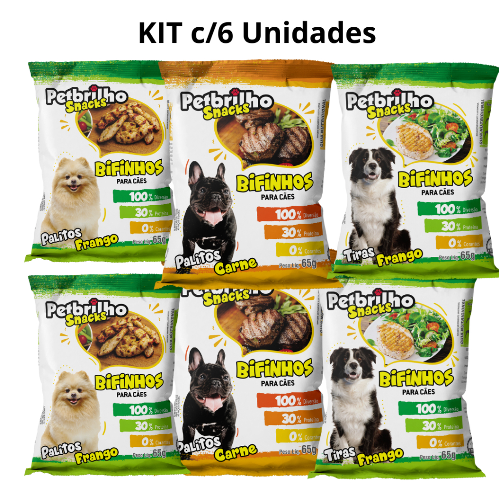 kit com 6 pacototes de petiscos Irresistíveis para Deixar Seu Pet Feliz! 65g cada PetBrilho em Oferta na Shopee
