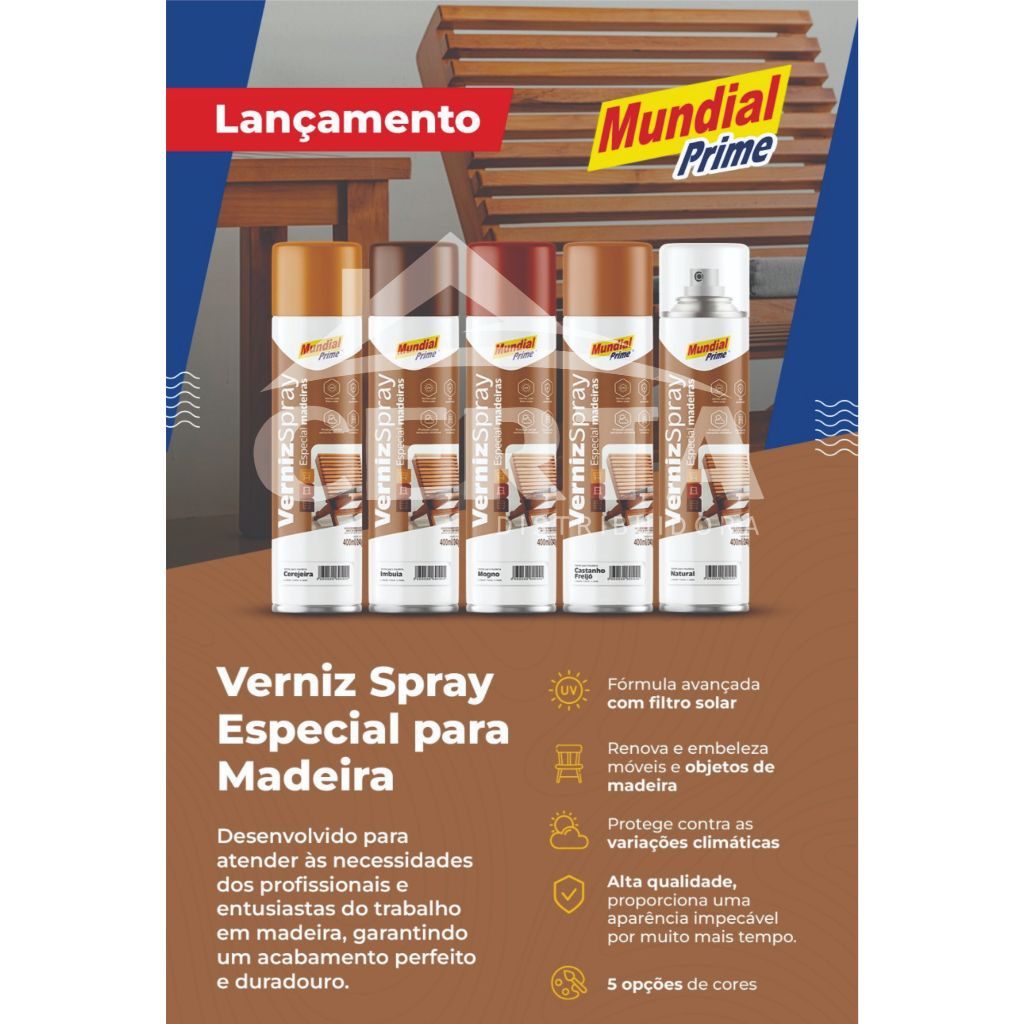 Verniz Spray Especial Madeira 400ml Mundial Prime-proteçãoUV-imbuia-mogno-cerejeira-castanho-incolor