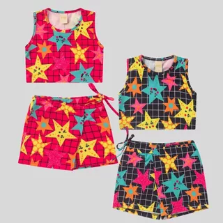Conjunto Verão Menina Cropped e Shorts Saia Estrelas