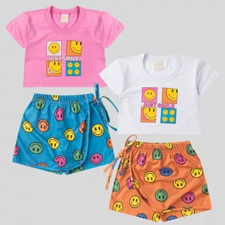 Conjunto Verão Menina Cropped e Shorts Saia Smile