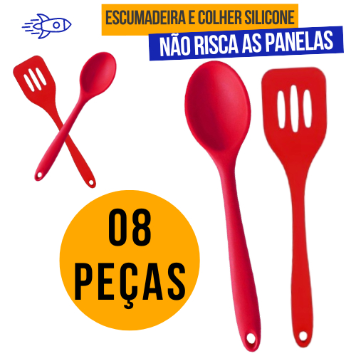 Kit Colher De Silicone e Espatula Vazada Antiaderente Utensilios De