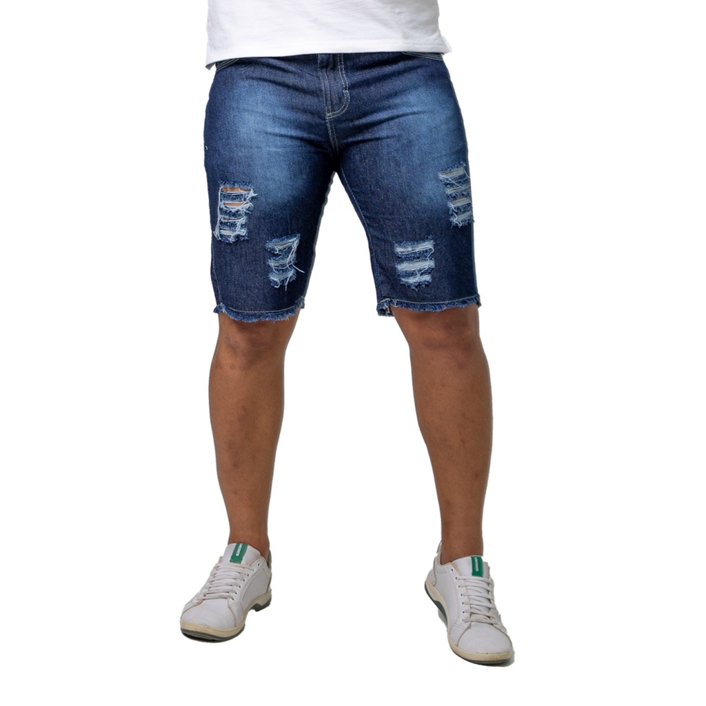 Bermuda Jeans Masculina Azul Escuro Rasgada Sky Destroyed - Shorts ...