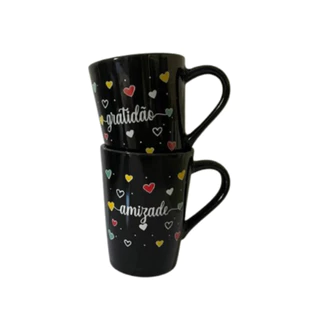 Conjunto 2 Xícaras Canecas Decoradas Preta de Porcelana 220 ml para Chá Café Casa