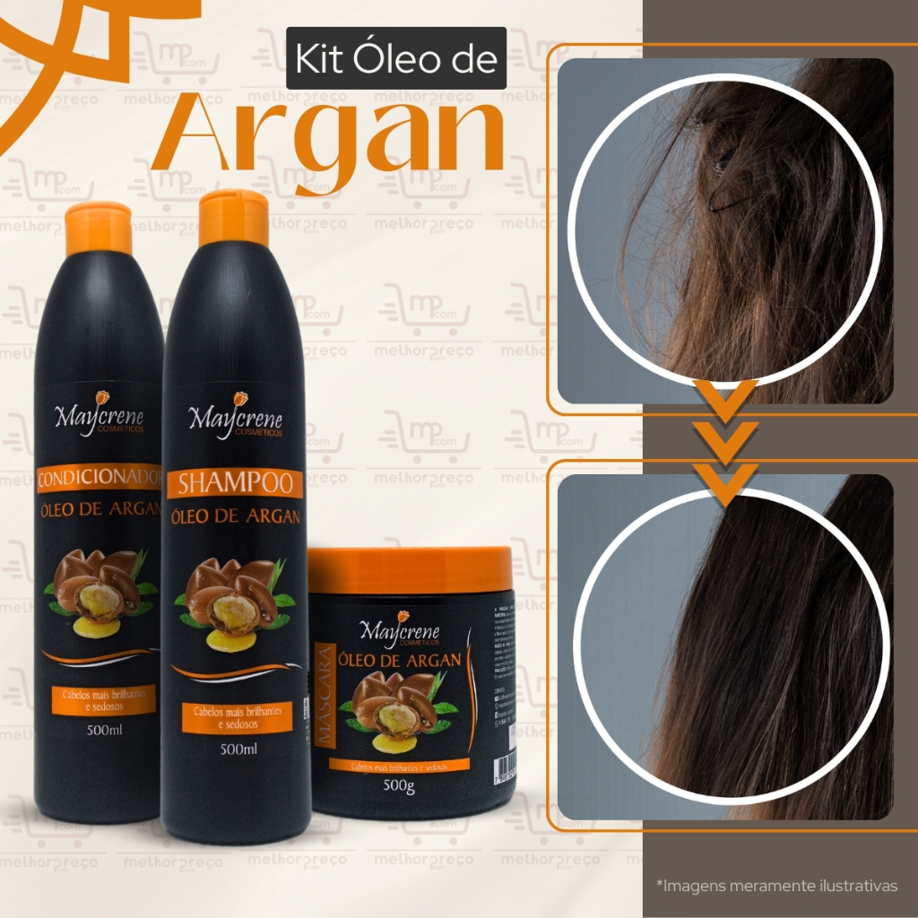 Kit Capilar Óleo de Argan Recuperação de Fios Danificados Maycrene (Shampoo, Condicionador, Máscara)