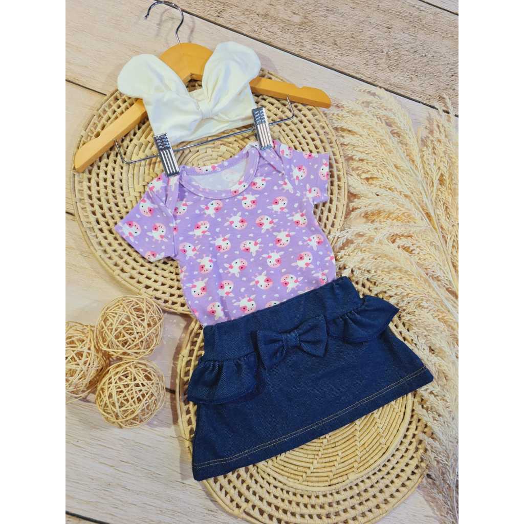 Conjunto Infantil Menina Verão Body Frufru com Laço e Saia Jeans (RN a ...