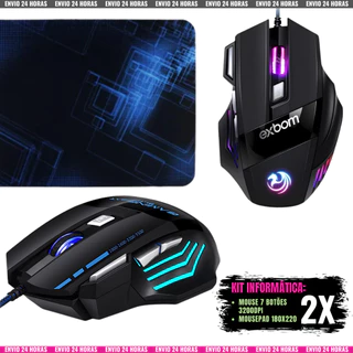 Mouse Gamer Para Jogo 3.200 DPI Óptico com LED RGB USB C/ Mousepad 180x220mm