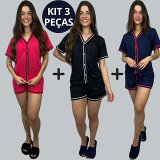 KIT 3 Pijamas Curto Botão em Malha Americano Blogueira Aberto Botão Amamentação Feminino Baby Doll em Oferta na Shopee