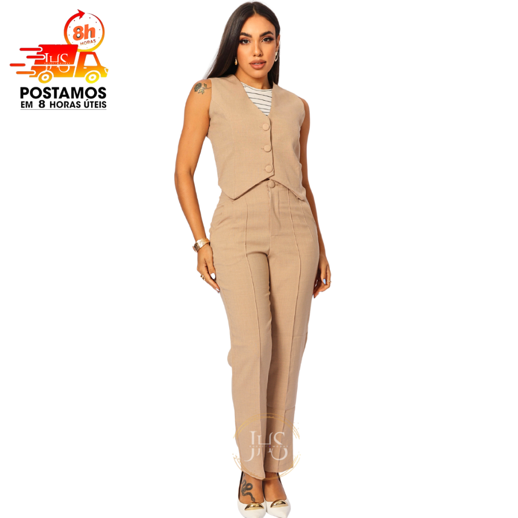 Conjunto Feminino Alfaiataria Linho Colete + Calça Social Trabalho ...