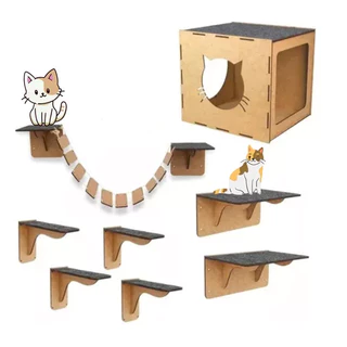 Playground Para Gatos 8 Peças Mdf Com Carpete Ponte Prateleira Degrau Caixa Casa