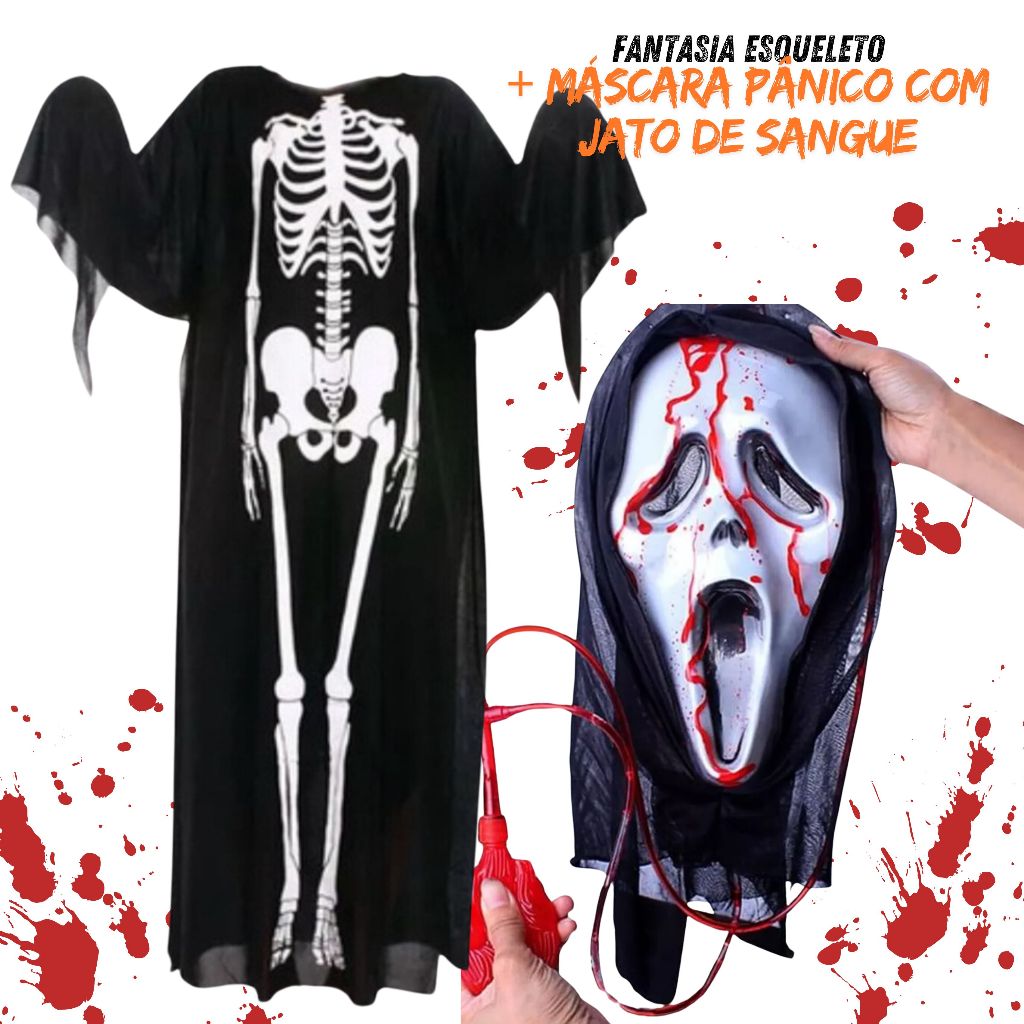 Fantasia Caveira Manto Esqueleto Halloween Completa Adulto e Infantil- Pânico Morte Carnaval