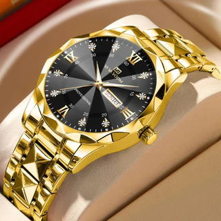 Relógio masculino clássico dourado original prova de agua aço inox não desbota