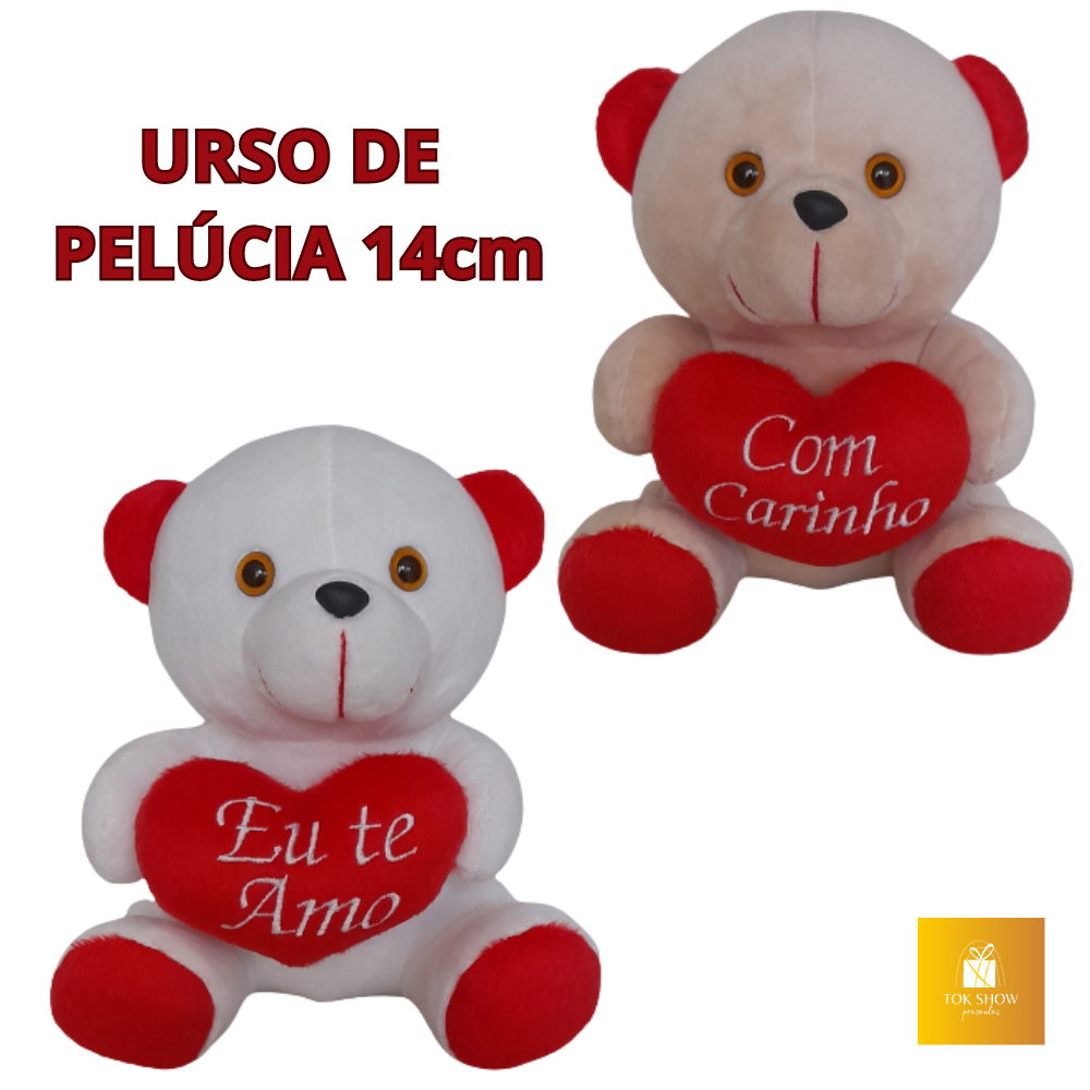 Urso de Pelúcia com coração brinquedo 14cm