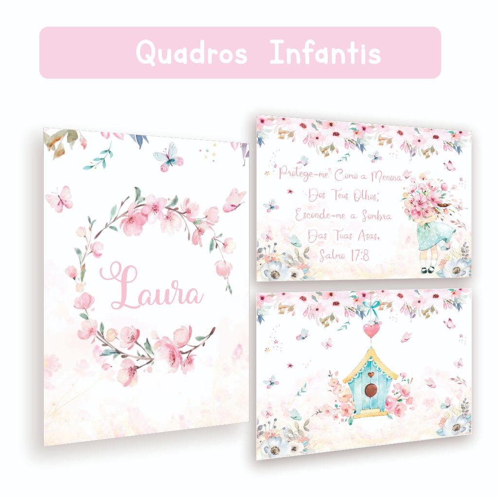 Kit 3 Quadros Decorativos Tema Jardim Encantado | Borda Infinita | Tamanho A4|
