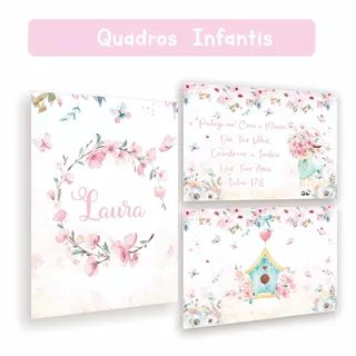 Kit 3 Quadros Decorativos Tema Jardim Encantado | Borda Infinita | Tamanho A4|