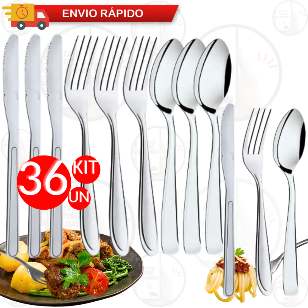 Jogo De Talheres Inox 12 Colher De Mesa 12 Faca Churrasco 12 Garfo De ...