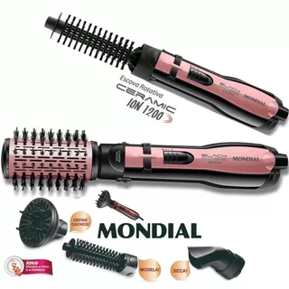Kit Secador Escova de Cabelo Rotativa Mondial Black Rose 5 en 1 Line 1200W ER-10 - 220V