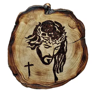 Quadro Rústico Pirografado da Face Jesus Cristo 25 x 24cm