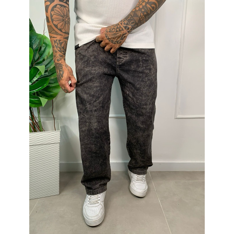 Calça Sarja jeans estonada grafite marmorizada Bolso larga Social ...
