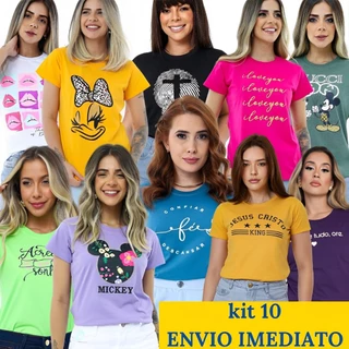 Kit 10 Blusas Tshirt Feminina 100% Algodão Camiseta Manga Curta Gola Redonda Direto de Fábrica