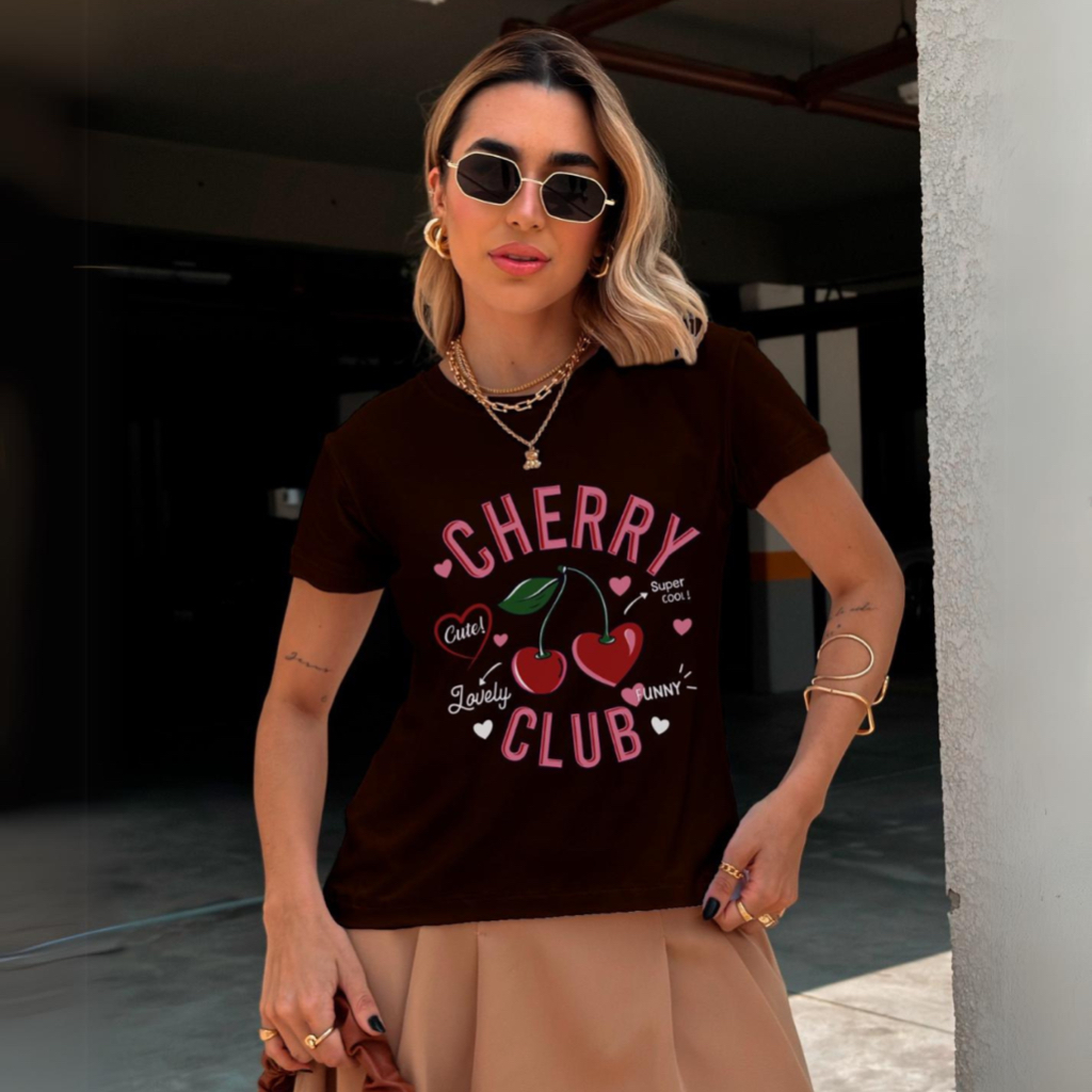 Baby Look Feminina Blusa Manga Curta Camiseta T-Shirt Cherry Club
