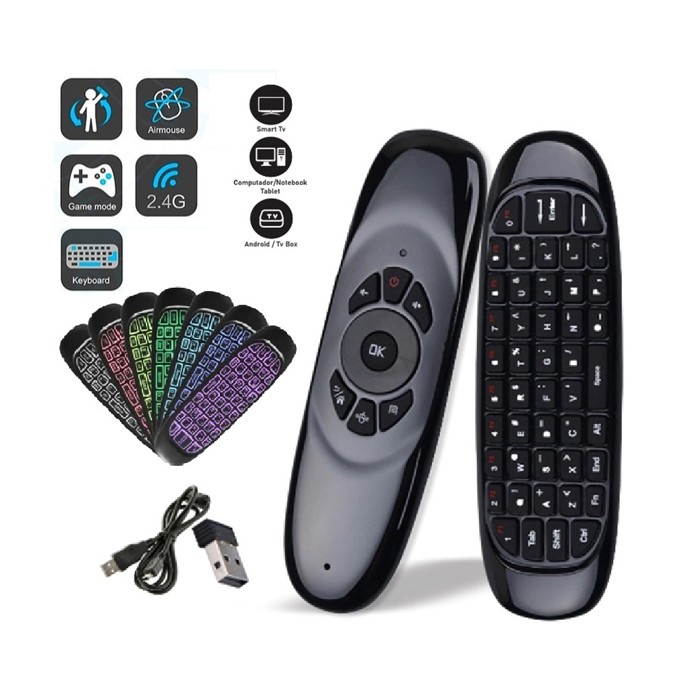 Mini Controle Teclado Air Mouse Air Mouse S/fio ''2.4 GHZ'' Wireles Com Luz Led Universal USB Smart Tv