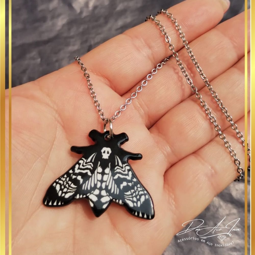Colar Mariposa com Caveira Black Pingente Dark Goth Gótico Halloween