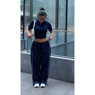 Calça básica estilo street reta larga de tactel ajuste cordão cintura bolsos unissex
