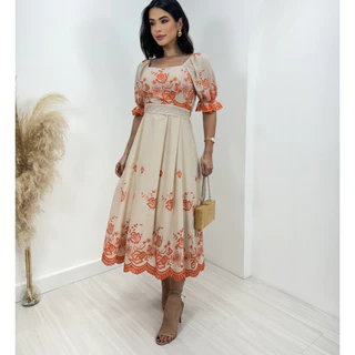 Vestido midi lese bordado algodão elegante manga curto