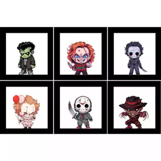 kit 6 Quadros Vazado Decorativos Personagens Terror, Filmes de Terror, hora do Horror