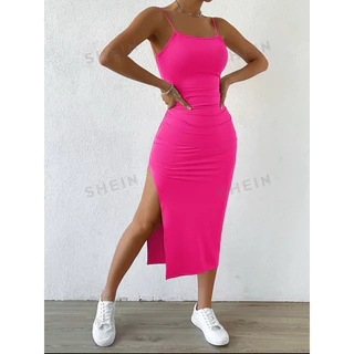 vestido midi de alça suplex torção costas com bojo