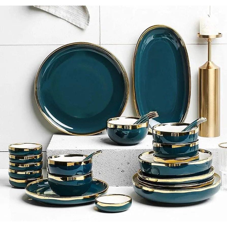 Aparelho de Jantar Importado Verde Luxo Coleção Dubai Green & Gold Luxo Borda Dourada- Extra Brilho Esmaltada / Unidade