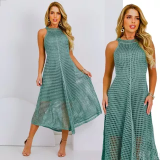 Vestido Midi Crochê Tricô Saída de Praia Botões Pérola Natal Reveillon Elegante Tricot Life