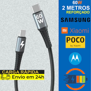 Cabo Tipo C Turbo 60W 2 Metros para Samsung Xiaomi e Iphone 15 Turbo Reforçado USB-c nas duas pontas