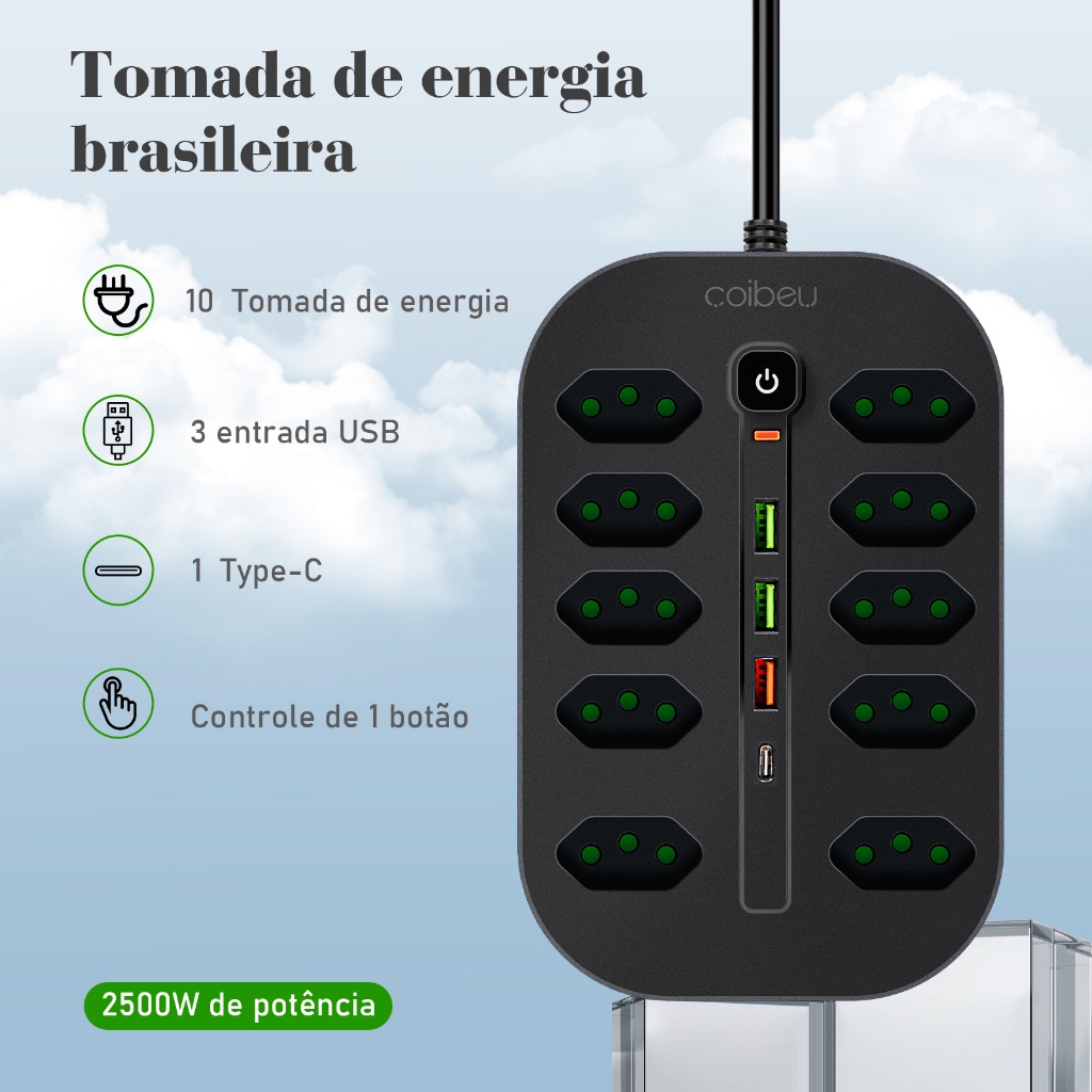 COIBEU Soquete de extensão de segurança com cantos arredondados e quadrados 10 soquetes 3 USB 1 Type-C