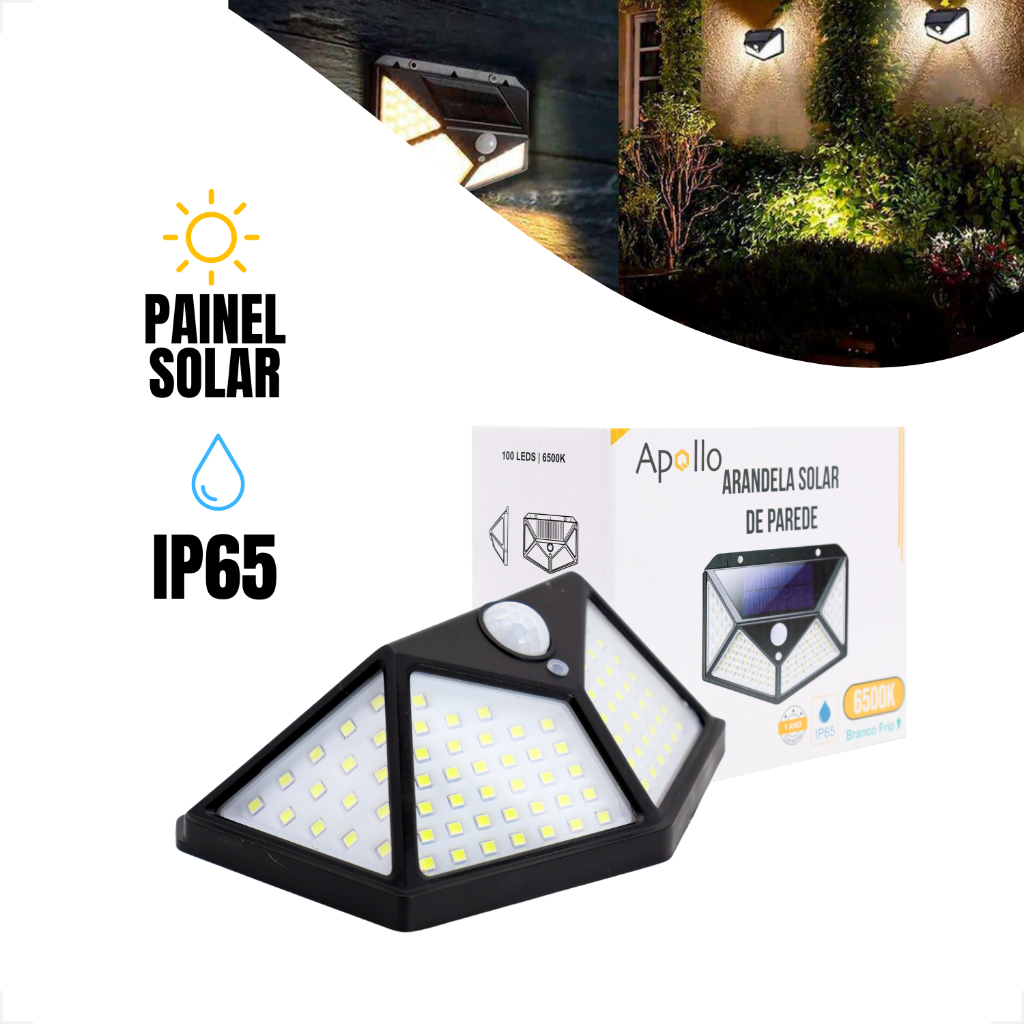Arandela Luminária Solar 100 Leds Branco Frio 6500K Parede Externa Sol Sensor Jardim Ar Livre 600 Im