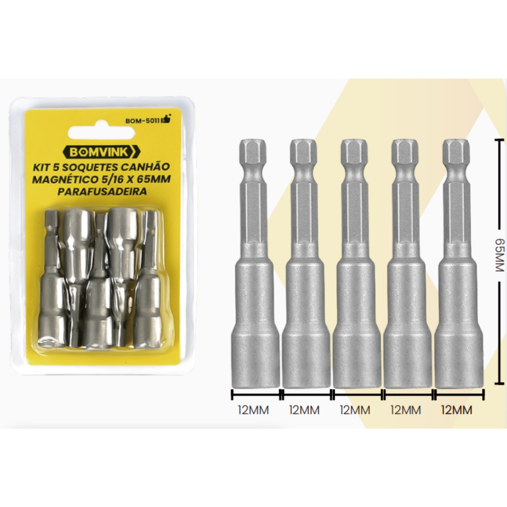 Kit Jogo Soquete Magnetico Sextavado Parafusadeira 5 Unidades
